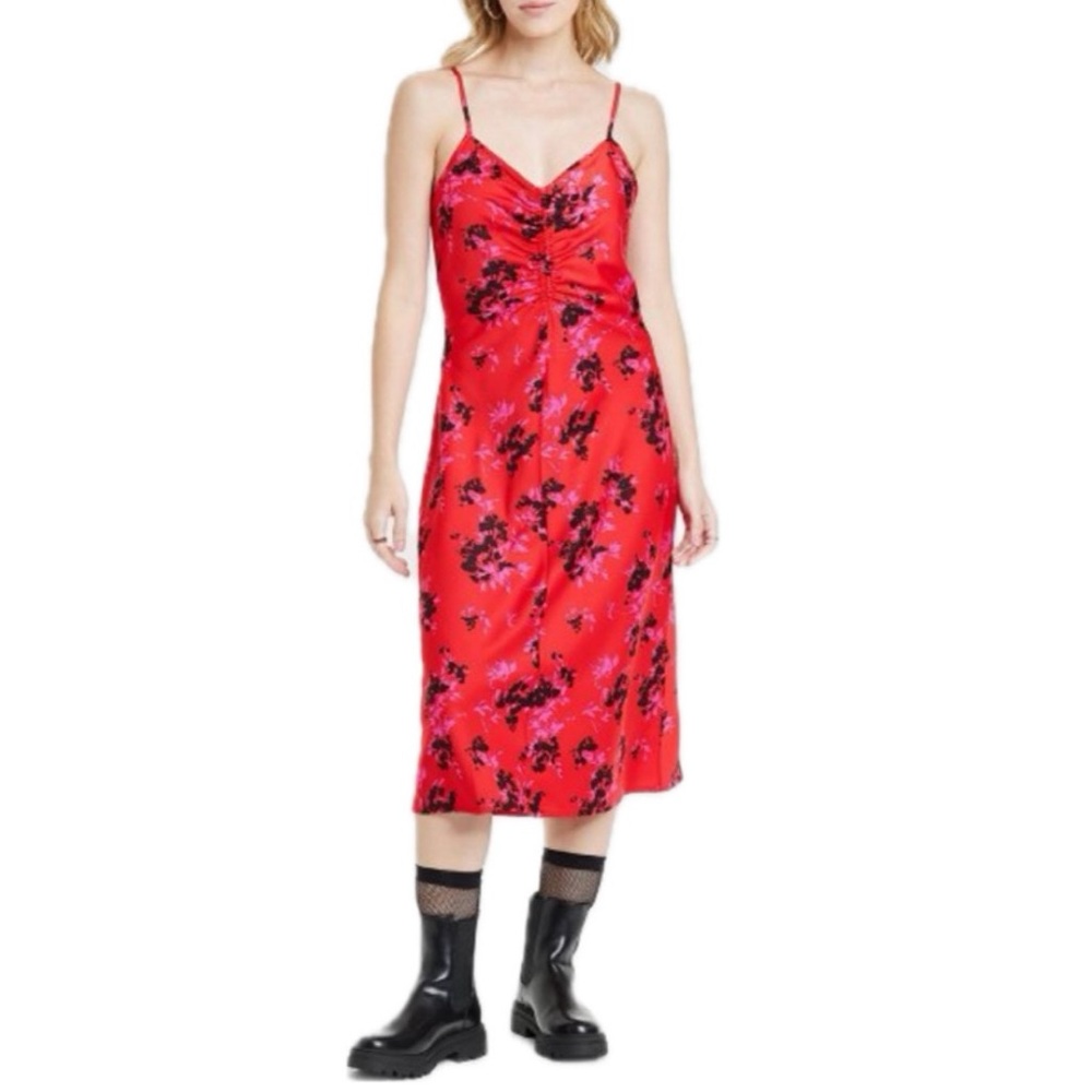 a new day Red Floral Ruched Midi Dress
